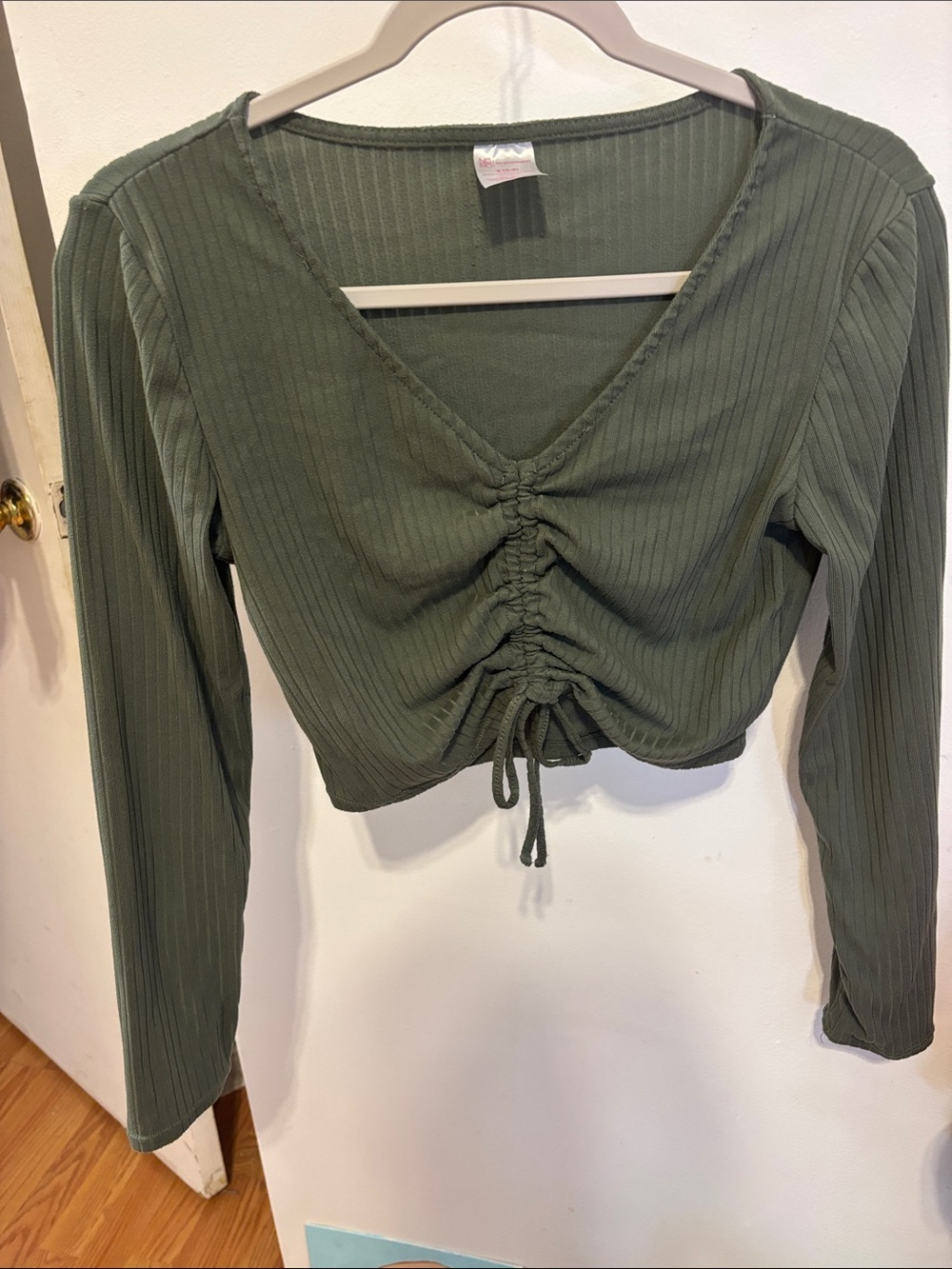 No Boundaries Ribbed V-Neck Drawstring Crop Top - Olive